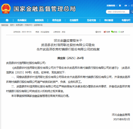 同花配 武邑县农村信用联社获准吸收合并武邑邢农商村镇银行
